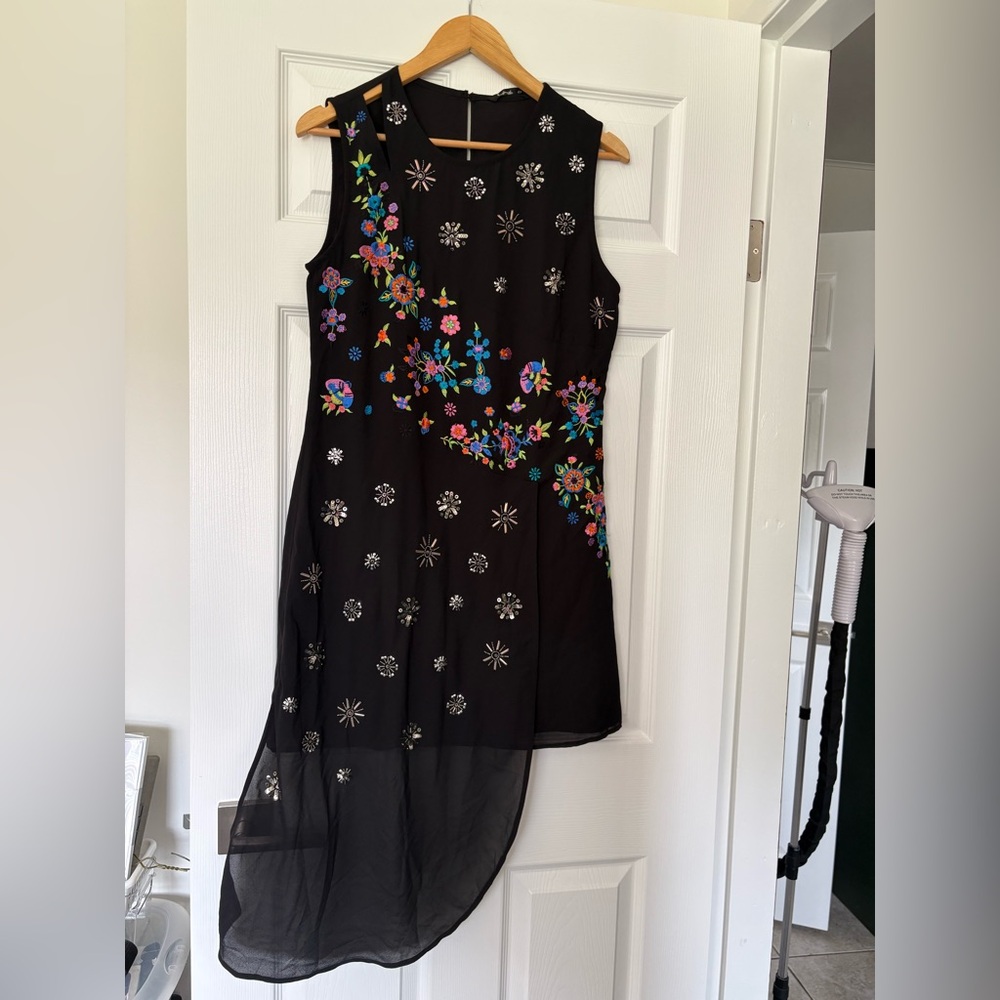 NWT-Desigual Black Midi Dress with Colorful Floral Embroidery